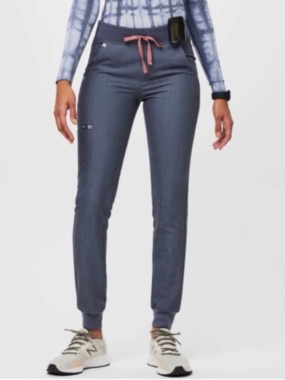 Figs Heather Denim Drawstring Zamora (not high waisted) Scrub Pants w/ Rose Tie